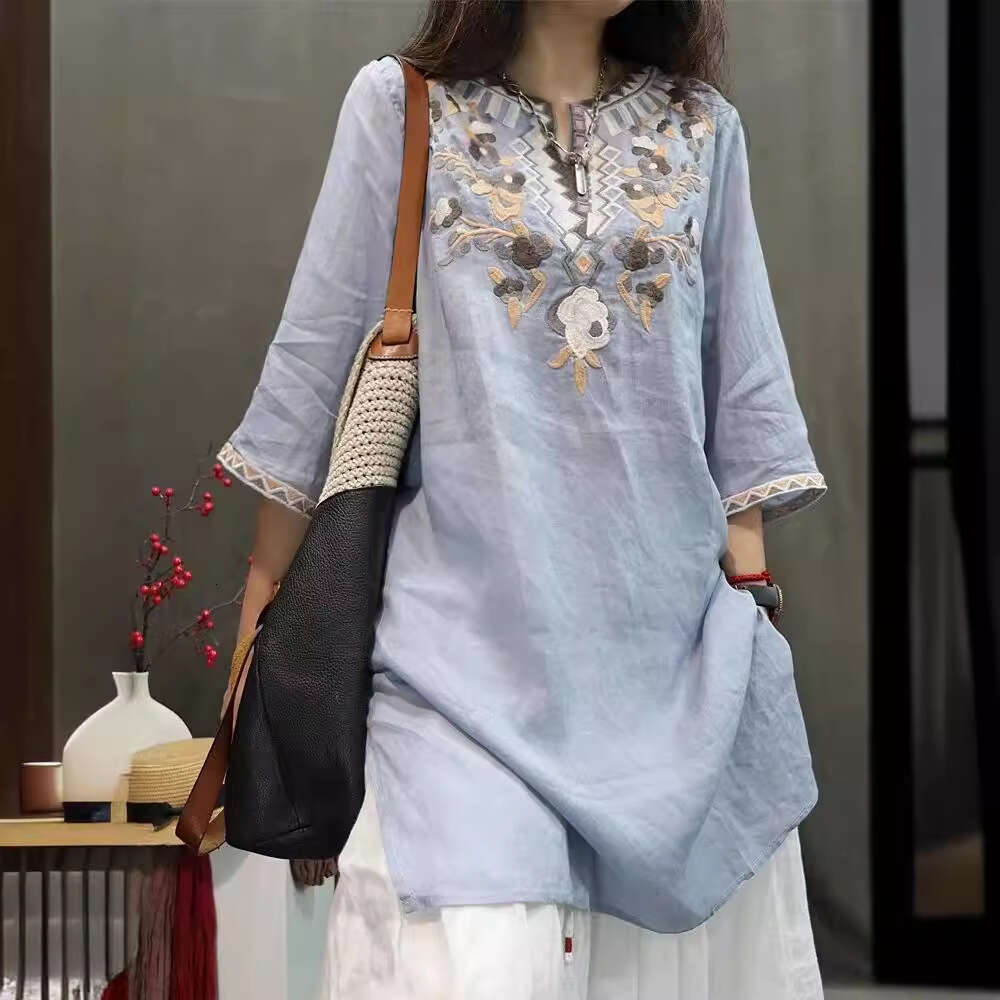 Women's Cotton Linen Embroidered Top Thin Mid Sleeve Retro Chinese Style Spring Summer Autumn New Fashion T-Shirt Embroidery Long Blouse