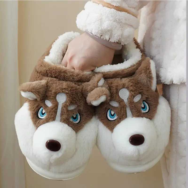 Women Indoor Cotton Slippers Cute Cartoon Dog Winter Warm Shoes Couples Home Floor Slides Anti-slip Female Male House Footwear S260305LHT9