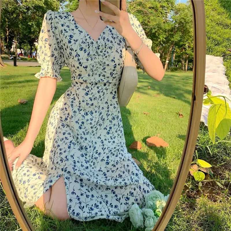 Spring and Summer New Casual Fashion Print Commuter Versatile Trendy Horn Sleeves Simplicity V-neck Short Sleeve A-line Dress X260306