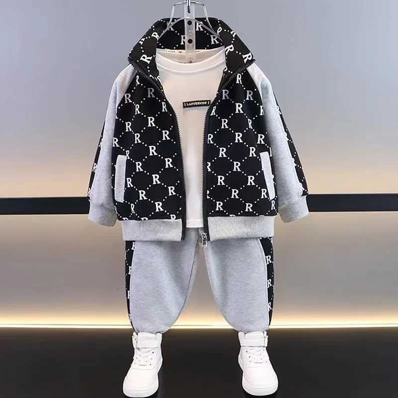 Kids Tracksuits 2Pcs, 2-10Y Boys R Letter Splicing Cotton Jacket & Pants Set, Spring Autumn Korean Fashion Sport Leisure OutfitsT260306