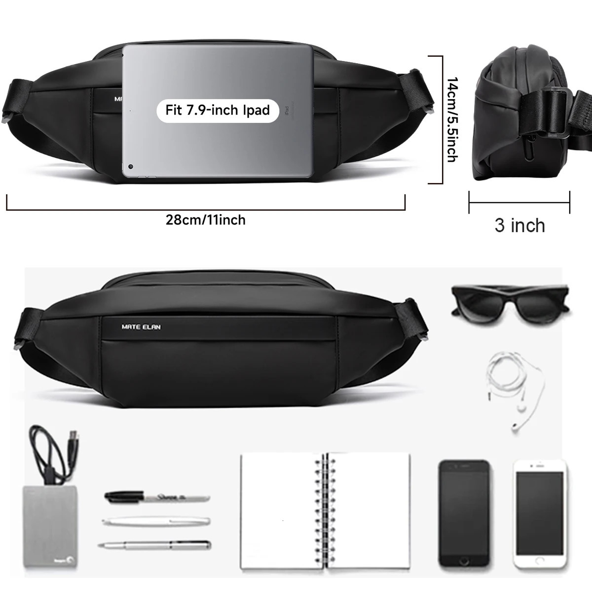 MATE ELAN Solid Waterproof Mens Crossbody Shoulder Bag Daily Travel Sports Fanny Pack Bumbag Teenagers Trend Phone Waist 260228