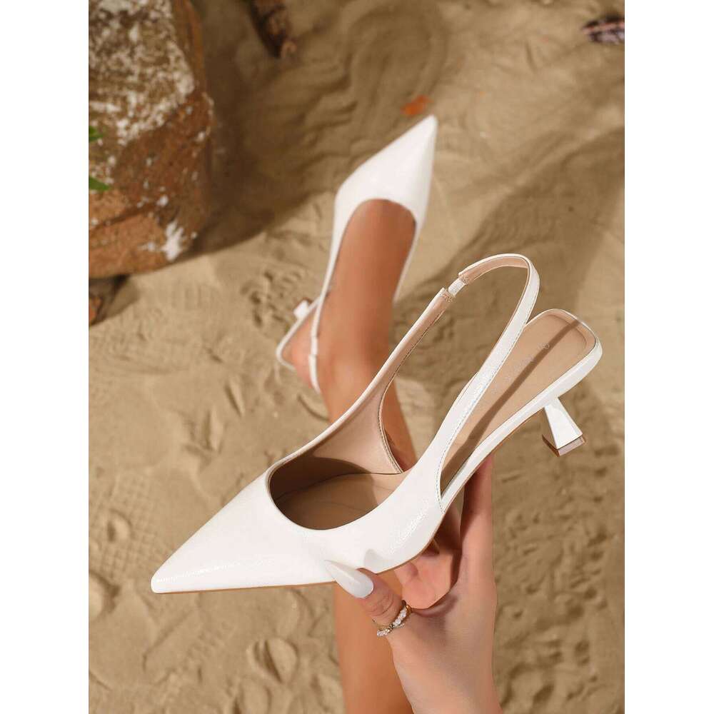 Women's Elegant Pointed Toe Slingback Kitten Heels, Stylish Leather High Heels for Summer, Office & Date Outings, Versatile Soli