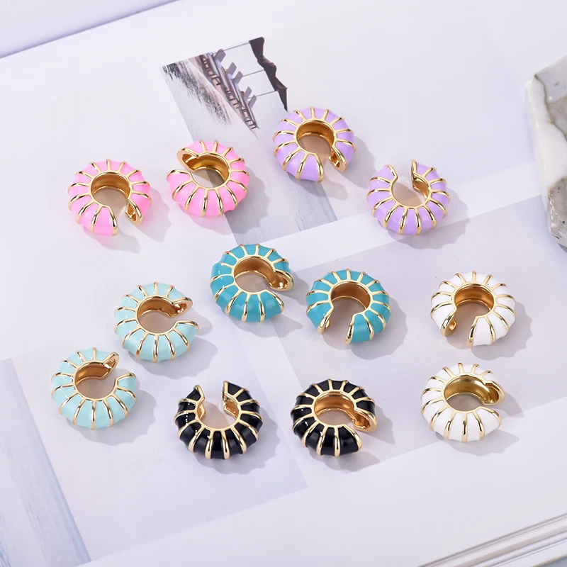 1 Piece Round Clip On Earrings Ear Cuffs Bohemian C Shaped Enamel Gold Color Jewelry Non-Piercing Blue Black White Pink Earrings 260303