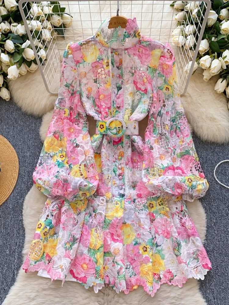 France Elegant Vintage Evening Dress Women Lace Button Sashes Print Party Dress Female Casual Chic Festival Clothing New X260306