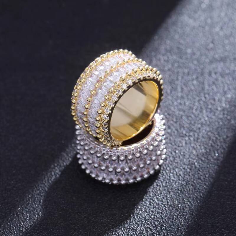 Wholesale Double Row Square Cubic Zircon Lab Diamond Rhodium Plated Round CZ Rings Luxury Hip Hop Jewelry for Men Women