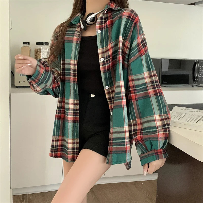 Plaid Shirt Women Autumn LongSleeve Top Female Vintage Fashion Single Breasted Blouse Ladies Preppy Style Loose Check Shirts 260306