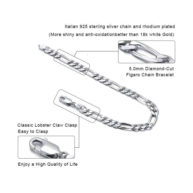 RINNTIN SB66 Wholesale Price of Factory 925 Sterling Silver 5mm 7mm Solid Diamond-Cut Figaro Link Chain Bracelet for Men