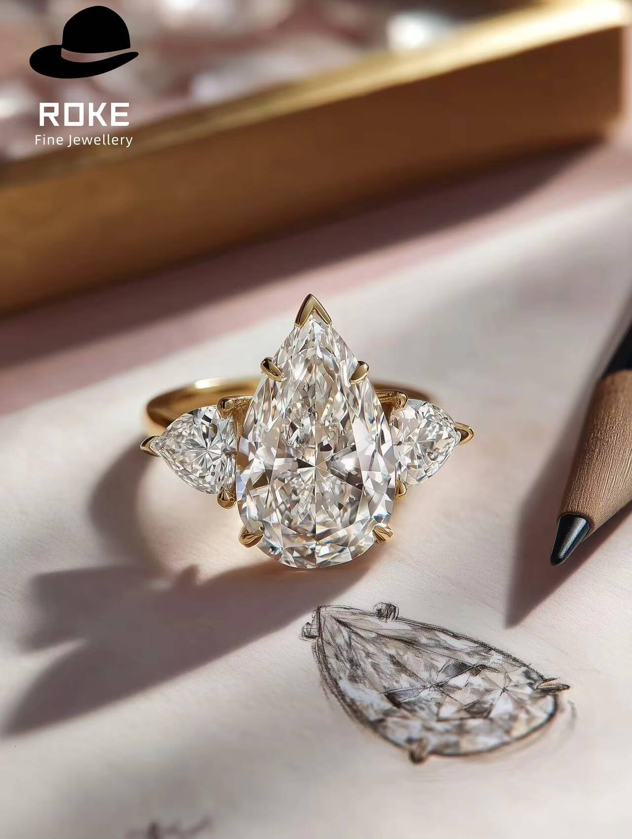 ROKE Custom 2ct Marquise 46mm Pear Lab Diamond Ring 9K/18K Gold/Platinum - Luxury Engagement Jewelry