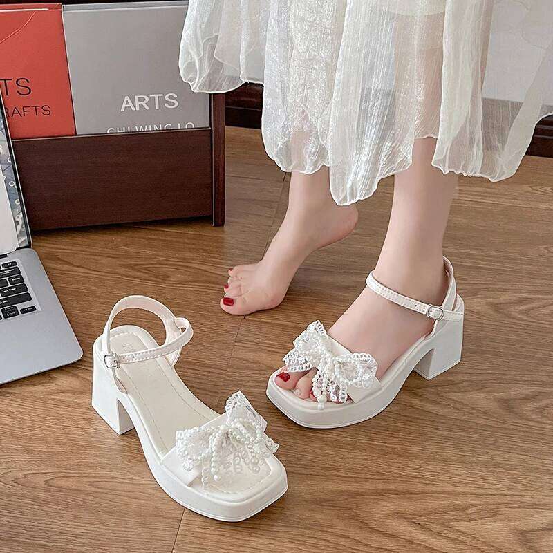 2026 Summer New Women's Bow High Fashion Open toed One line Buckle Strap Thick Heel Sandals