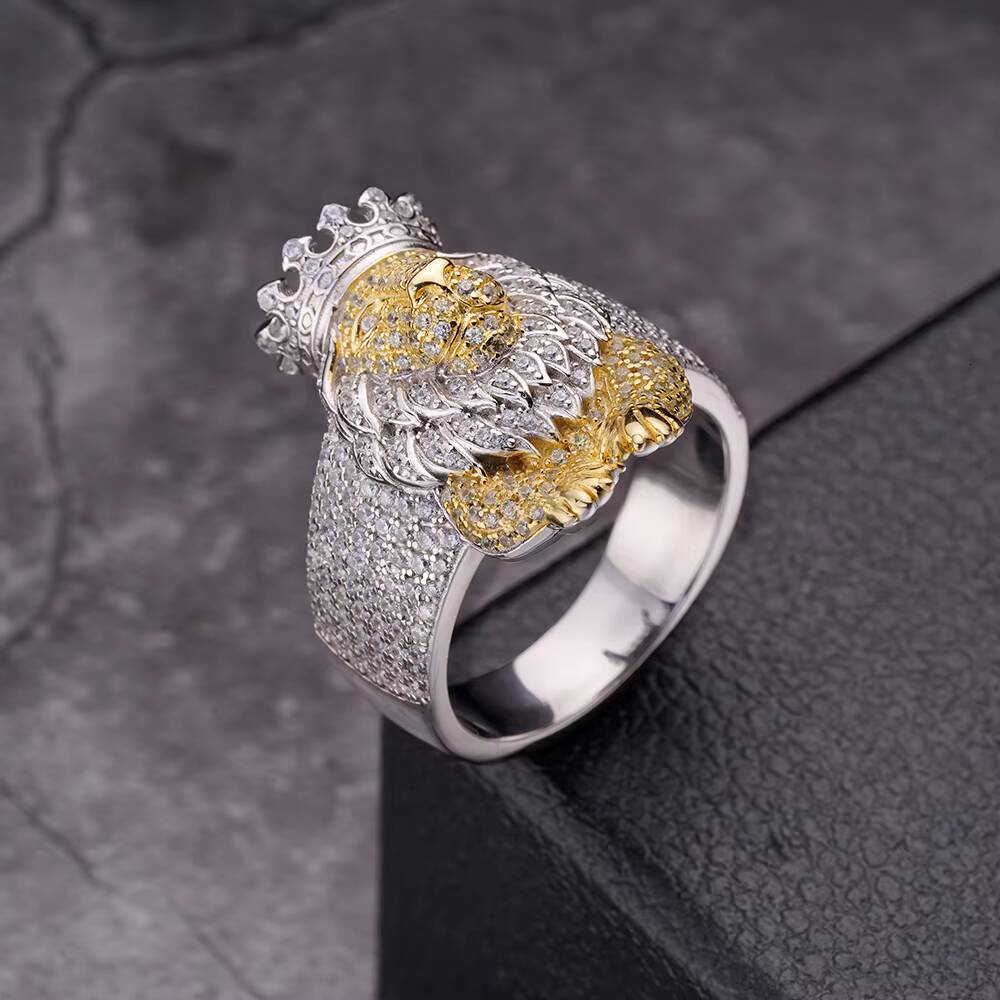 Hiphop Fine Jewelry VVS Moissanite Iced Out 925 Sterling Silver 14K Gold Plated Lion Face Animal Head Dollar Sign Men Rings