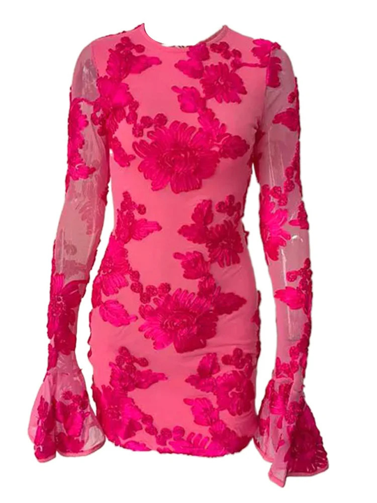 Beyprern Glam Backless Rose Pink Floral Mesh Short Dress Elegant Party Dresses For Women Long Sleeve Embroidered Birthday 260302