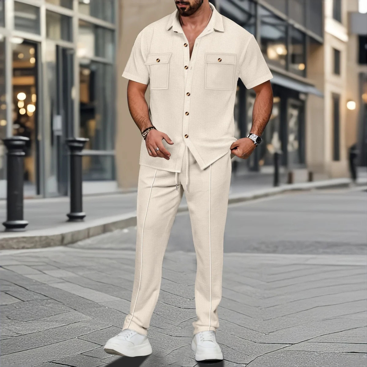 2026 Mens summer Waffle suit button pocket shirt short sleeve trousers fashion casual breathable two-piece set 260227