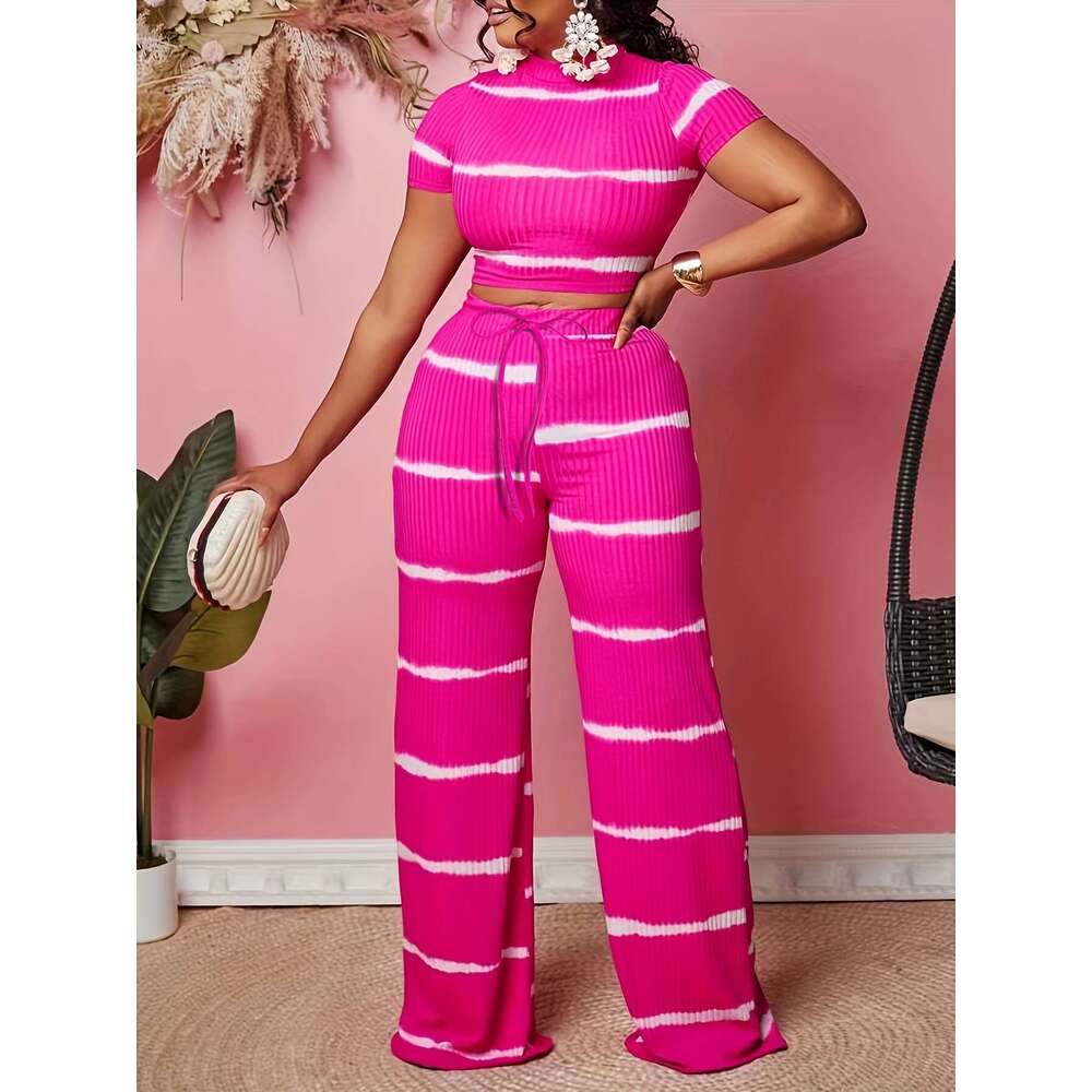 2026 New Summer Women's Elegant Striped Two Piece Set Short Sleeve Tie Waist Top Straight Casual Outfits T-Shirt And Printed Long Pants