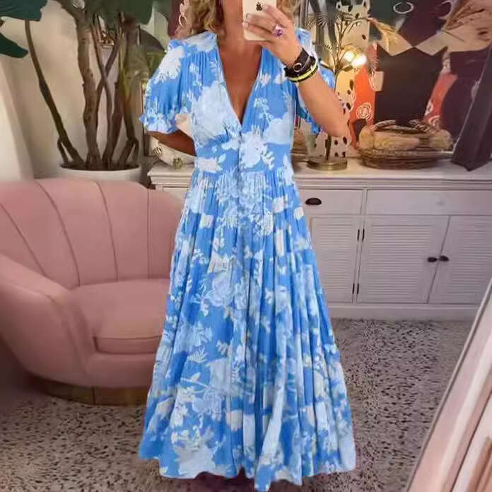2026 New Plus Size Super Elegant High-Stretch V-Neck Floral for Beach Vacation, Loose Long Dress