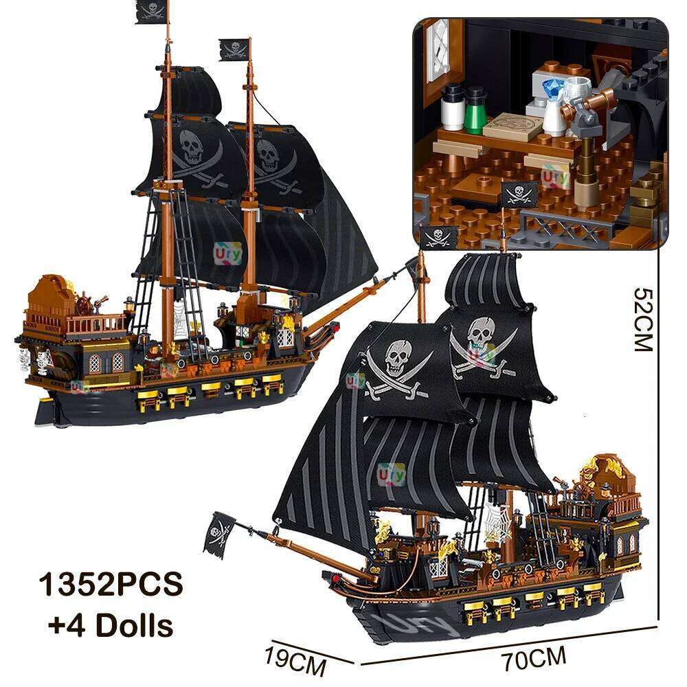 Pirates Ship Adventure Ideas Retro Red Black Boat Island Storm Vessel Flagship Movie Building Blocks Model Toy for Kid Xmas Gift Z260306
