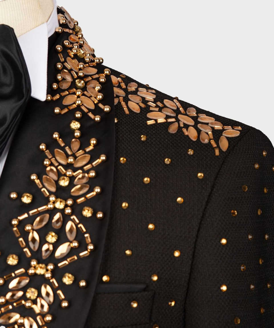Luxury Beads Men Tuxedos 2 Pieces Shawl Lapel Classic Fit Blazer Prom Party Jacket Vest Groom Wear Formal Working Sets