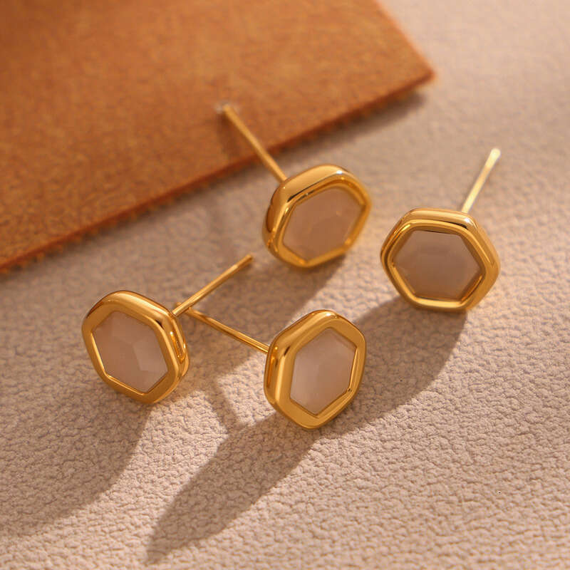Women's Vintage Earrings: Natural Opal Faceted Hexagonal Stud Earring Stainless Steel Gold-plated Simple Compact Exquisite Light Luxury Jewelry f