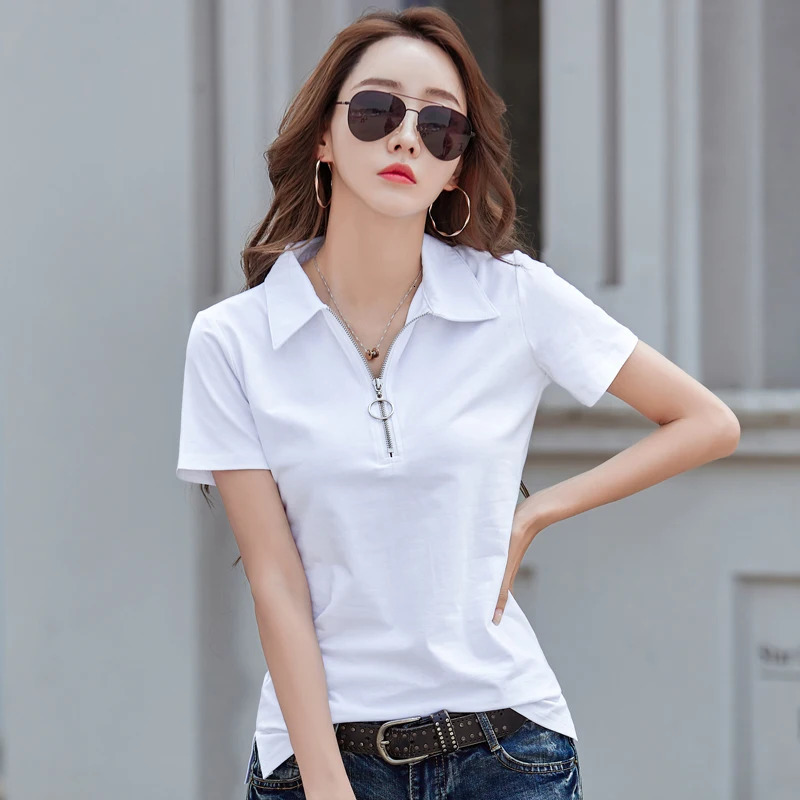 2024 Summer Women T Shirt Cotton Elegant Style Zipper Neck Fashion Office Lady Top Short Sleeve Polo For 260228