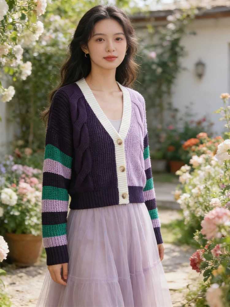 SLTNX Womens Cardigan Sweater Contrast Color Casual Joker V-neck Buttons Colorful Patchwork Street Trend Hipster Knit Coat M260306