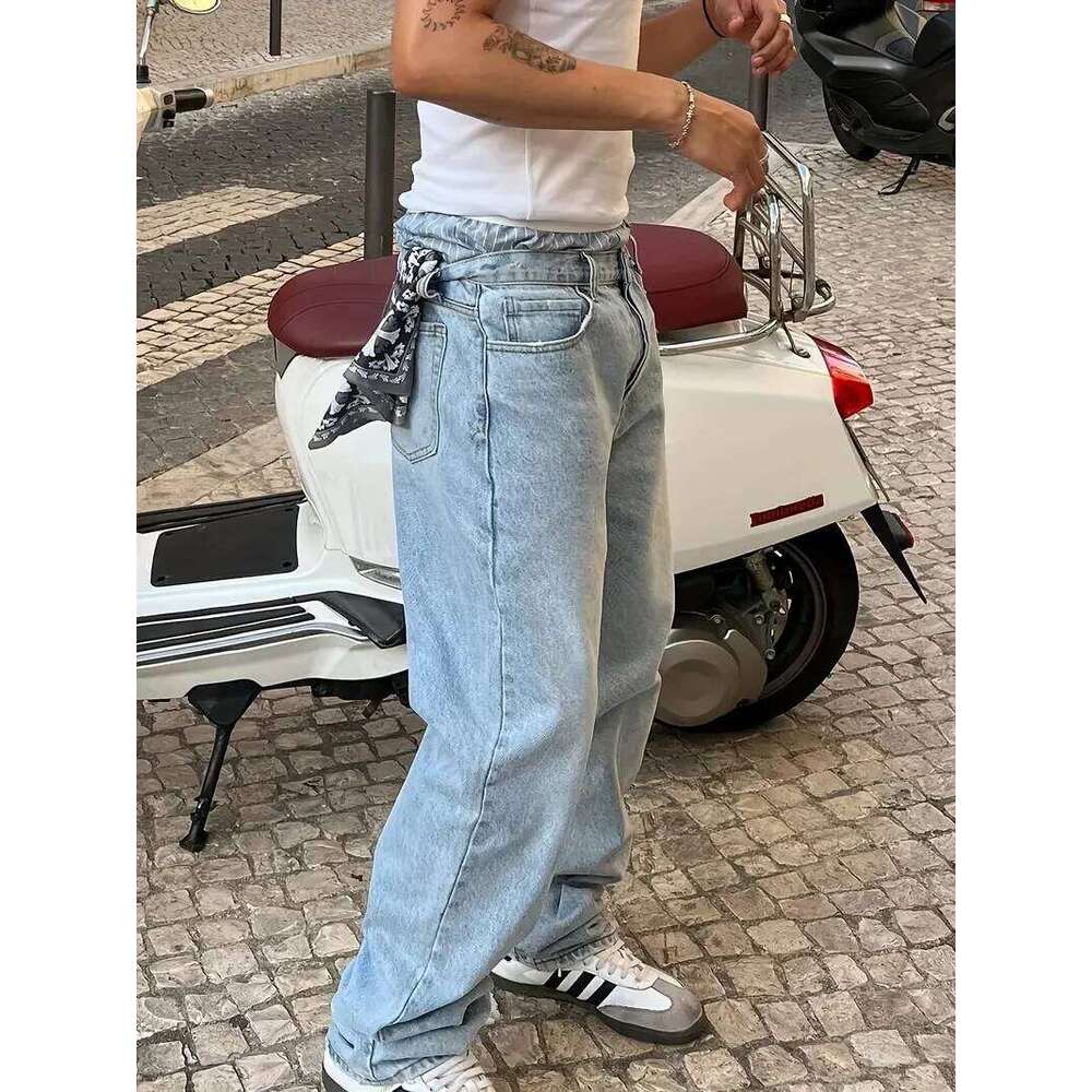 Men'S Vintage Washed Blue Loose Fit Jeans - Casual Straight Leg Denim Pants with Zipper Fly, All-Season Comfort, Mid Waist, Casu