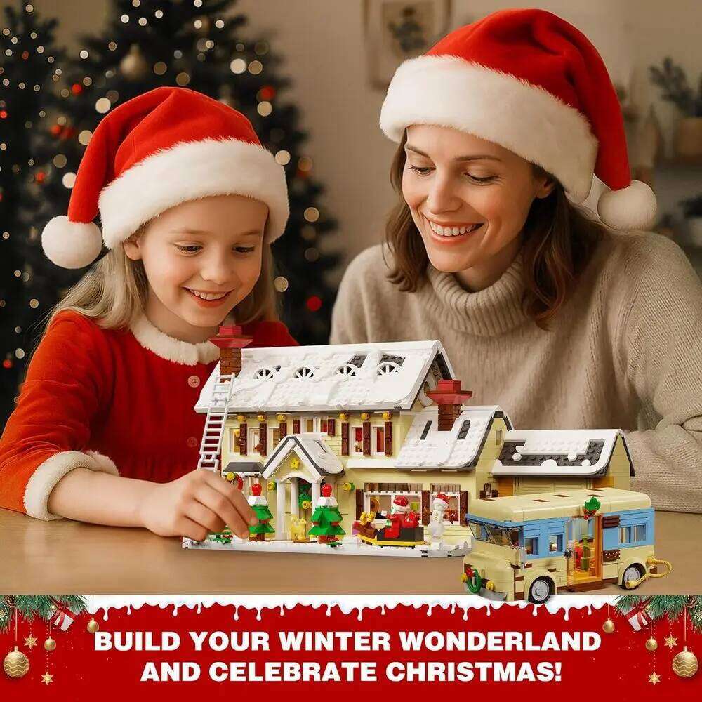 Christmas Village Building Kit with Lights, Snowy Cabin, Camper, 2098 Pieces, Holiday Scenery Toy for Adults Z260305