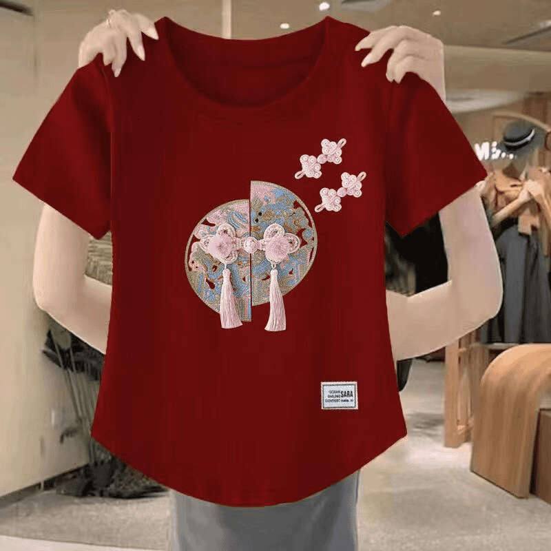 New Chinese Sle Plum Blossom Button Embroidered Pure Cotton White T-irt Women's Slim Fit ort Sve Summer Top