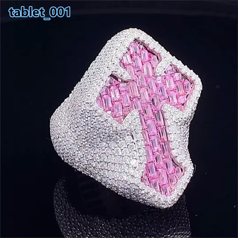 Hot Selling Moissanite Silver Ring for Rapper Hip Hop Pink Stone Cross Ring 925 Sterling Silver Cistom Moissanite Ring
