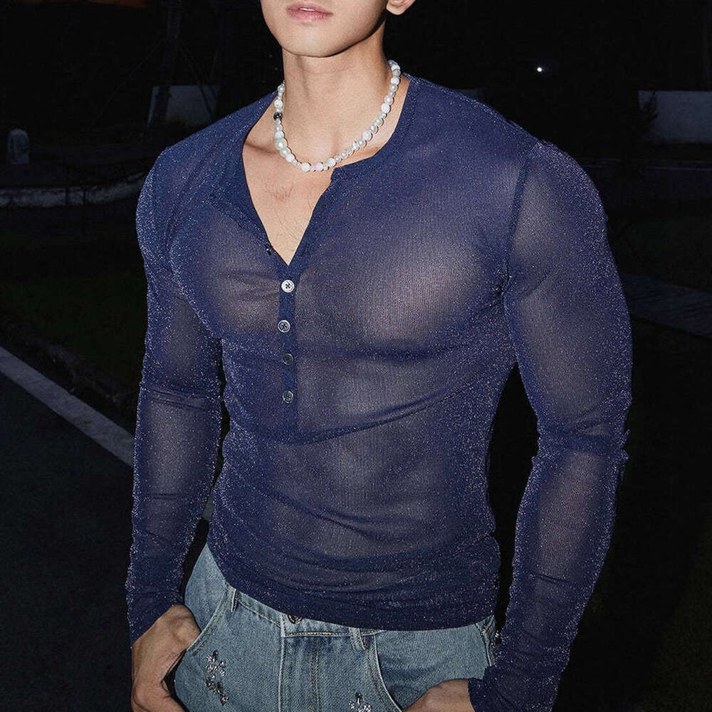 European and American Cross-Border Sexy Shiny Diamond Men's Semi-Sheer Top Street Fashion Nightclub Style Button Round Neck Fun T-Shirt