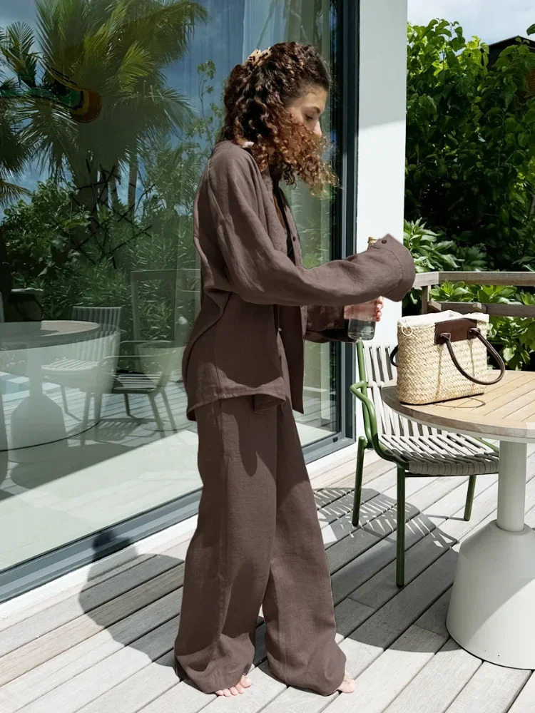 Women Casual Brown Cotton Linen Shirt Pants Suit Fashion Single Breasted Blouses Elastic Waist Pant Set Spring Loose Outfit 260305