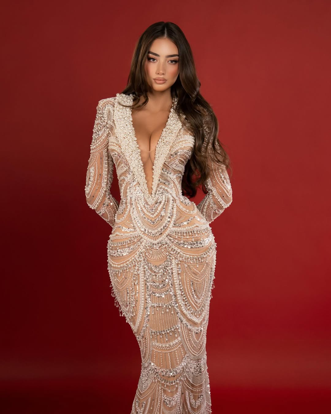Elegant Evening Dresses Mermaid V-Neck Pearls Beads Long Sleeve Prom Dresses Celebrity Party Gown Customized Vestido De Novia