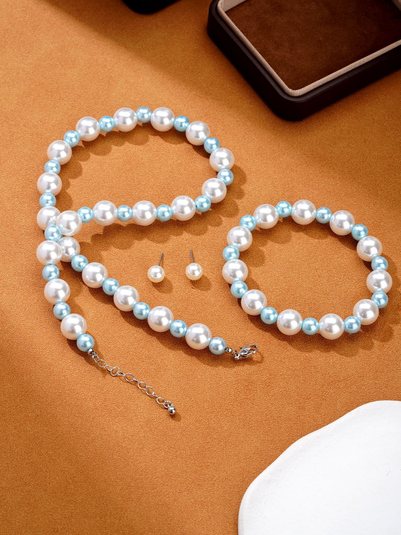 European And American Ocean-Style Lake Blue Pearl Beaded Summer Forest-Style Seaside Vacation Three-Piece Set For Women