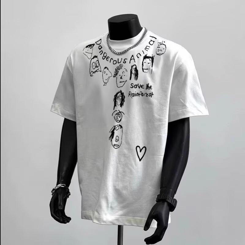 New style American bad-boy style heavy cotton short-sleeve T-shirt unisex for young men and women summer ins trendy brand street-style loose round-nec