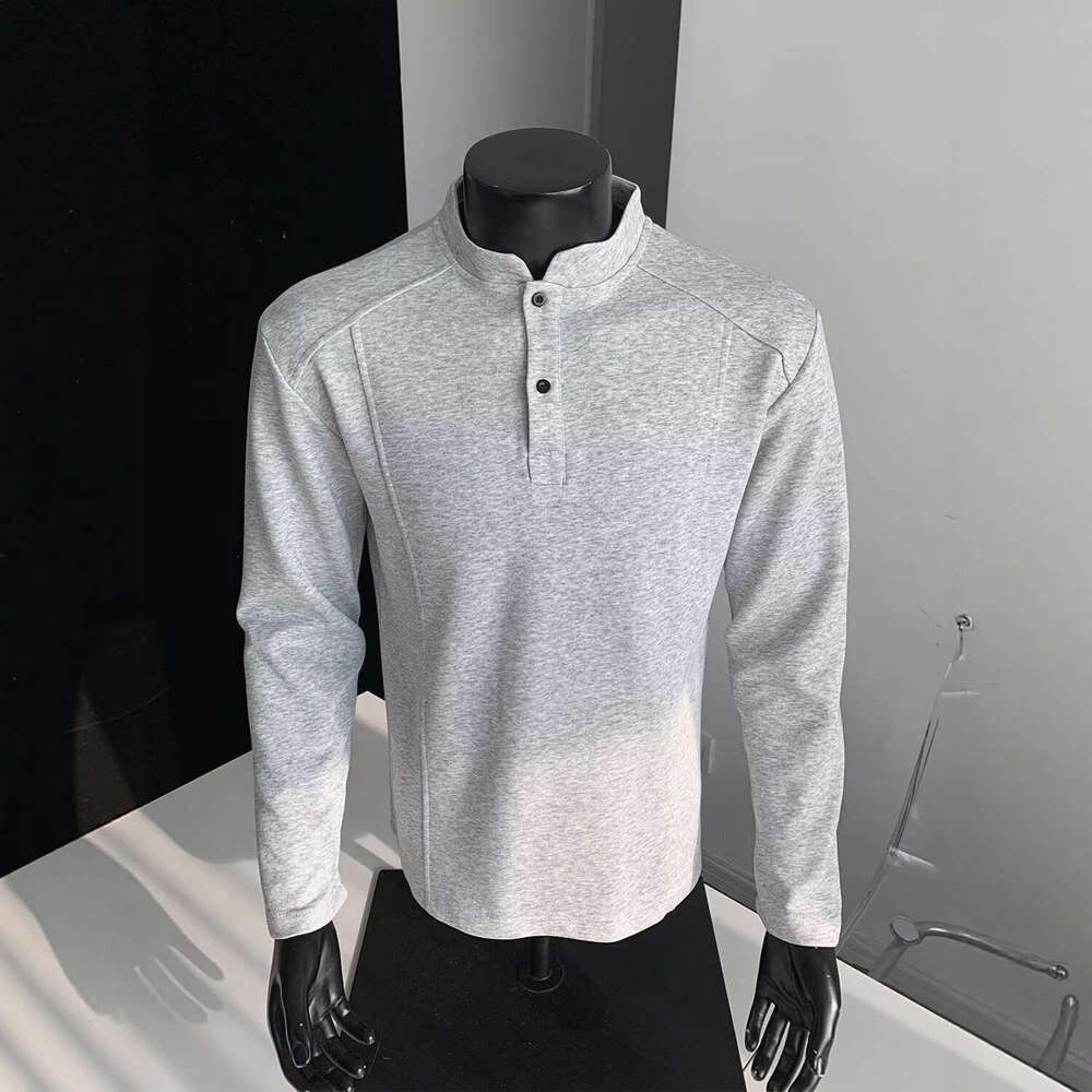 Light Gray Patchwork Deconstructed Henley Neck T-Shirt for Men, Spring and Autumn American Style Trendy Versatile Loose Polo Base Shirt Top