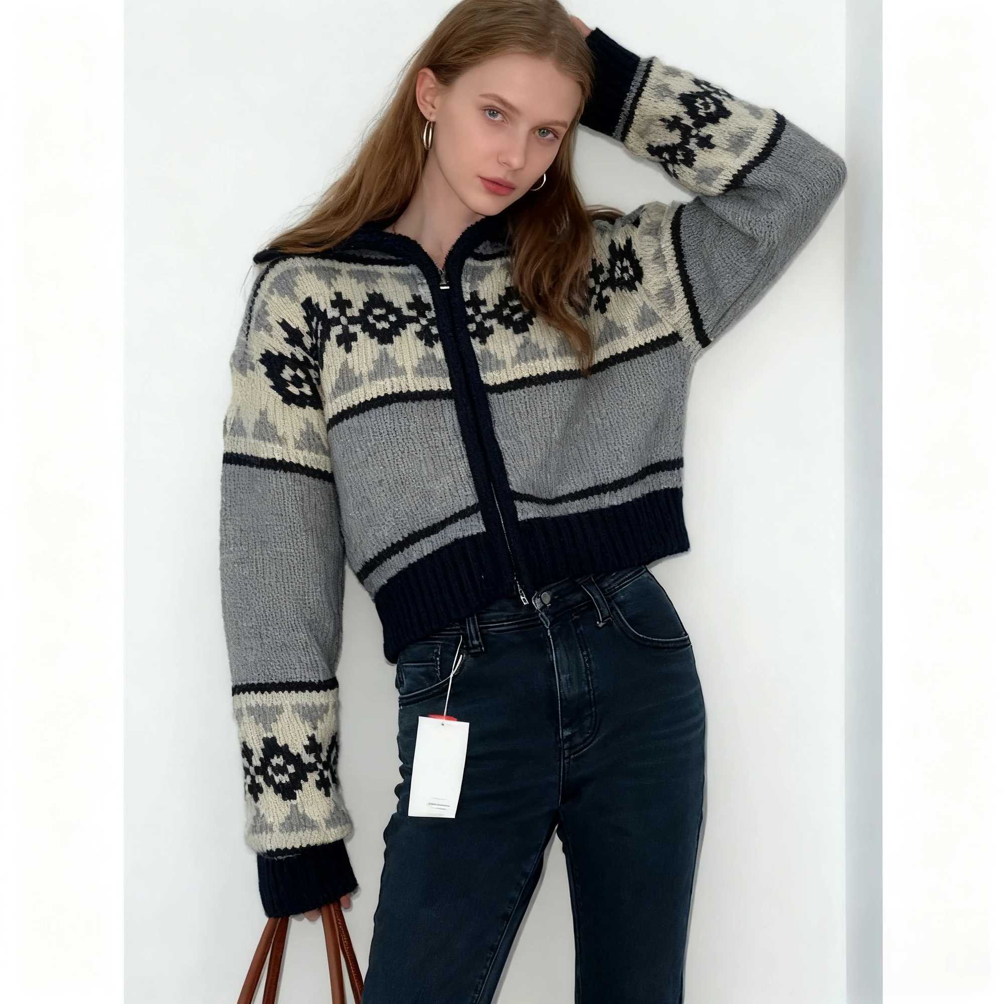 NEW Korean Gentle Touch Sweater Winter Retro Knitted Cardigan Chic Jacquard Zipper Knitted Sweater Cozy Jacket M260306