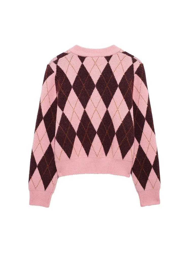 New Fall Winter 2024 Women Geometric Print Knitwear Vintage Ladies Crew Neck Long Sleeve Single Breasted Cardigan M260306