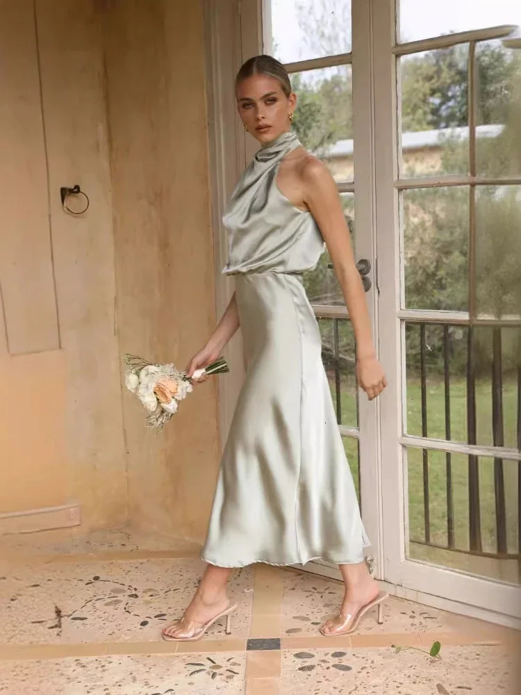 Summer Fashion Womens Elegant Banquet Style Solid Color Stacked Collar Sleeveless Sexy Party Long Dress 260302