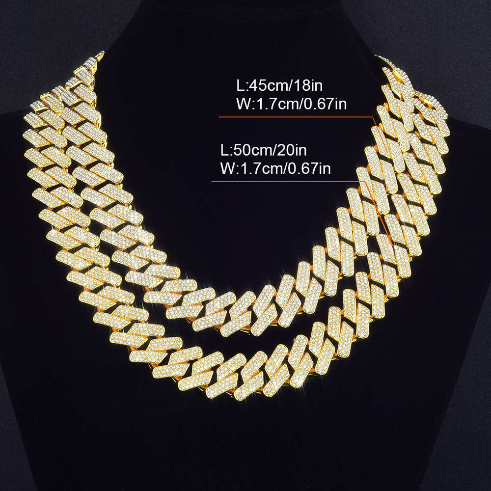 Popular European and American three-row diamond Cuban high-quality, bold, large 17mm full-diamond hip-hop necklace, exclusively for cross-border sales