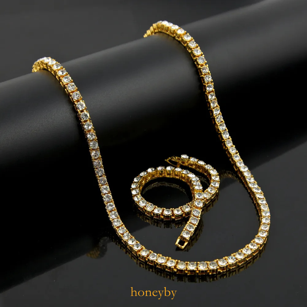 Hip Hop 1 Row Bling Tennis Chain Necklace Bracelet Set Mens Lady Gold Silver Black Simulated Diamond Jewelry
