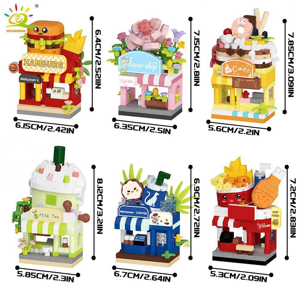 HUIQIBAO MOC Cute Street Shop model Micro Building Block Burger Fried Flower Model Mini Brick Toy for Children Desk Decor. Z260306