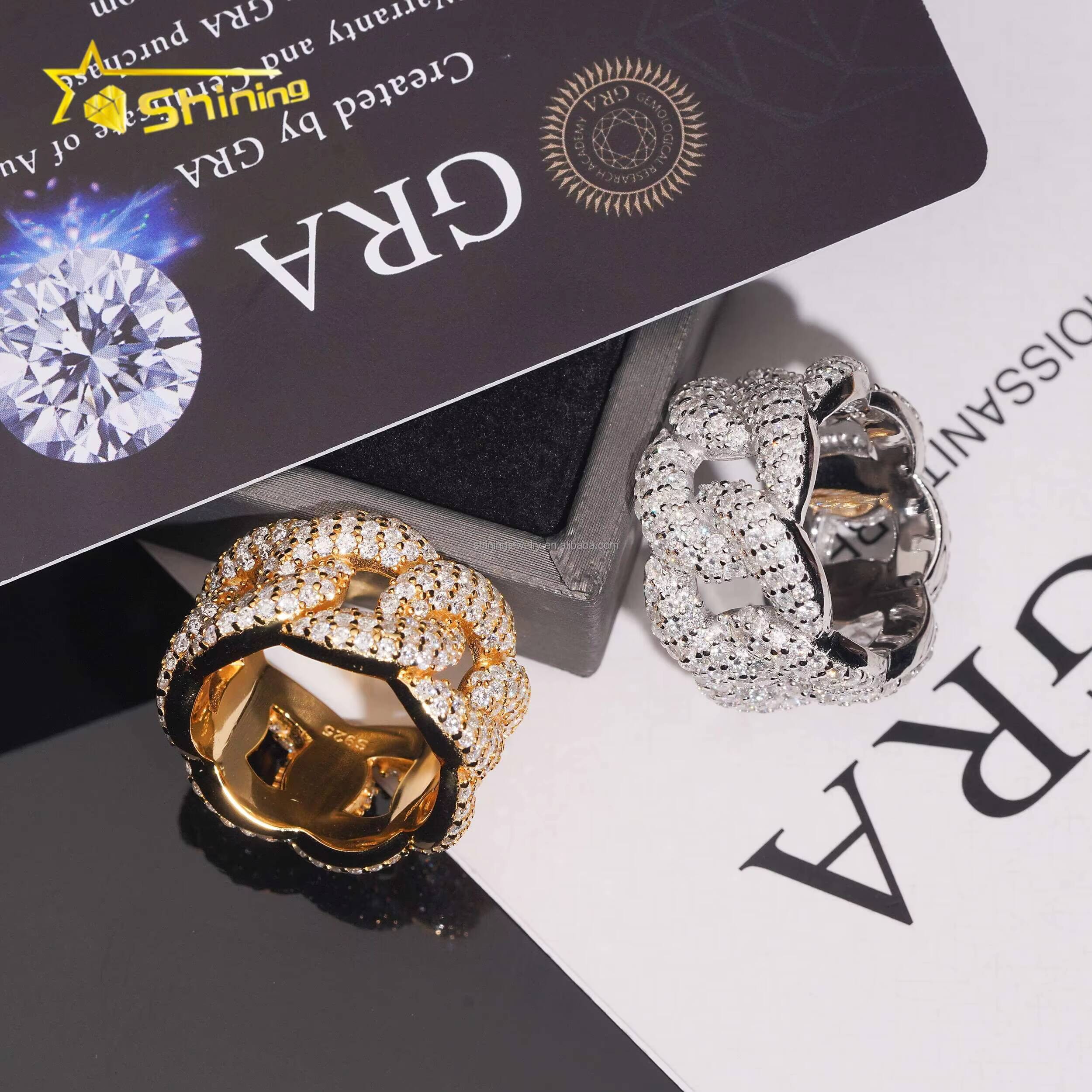 3Row Stones Moon Shape Fire Shining Jewelry Iced Out Man Jewelry Fully 925 Silver FL Moissanite Diamond Miami Cuban Band Ring