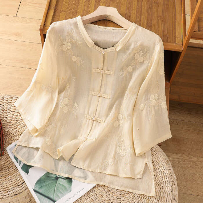 New Chinese style Sle Women's Cotton and Hemp Embroidered Short Sleeve Summer Thin Loose Top Button Classic A-line Version Short Sleeve