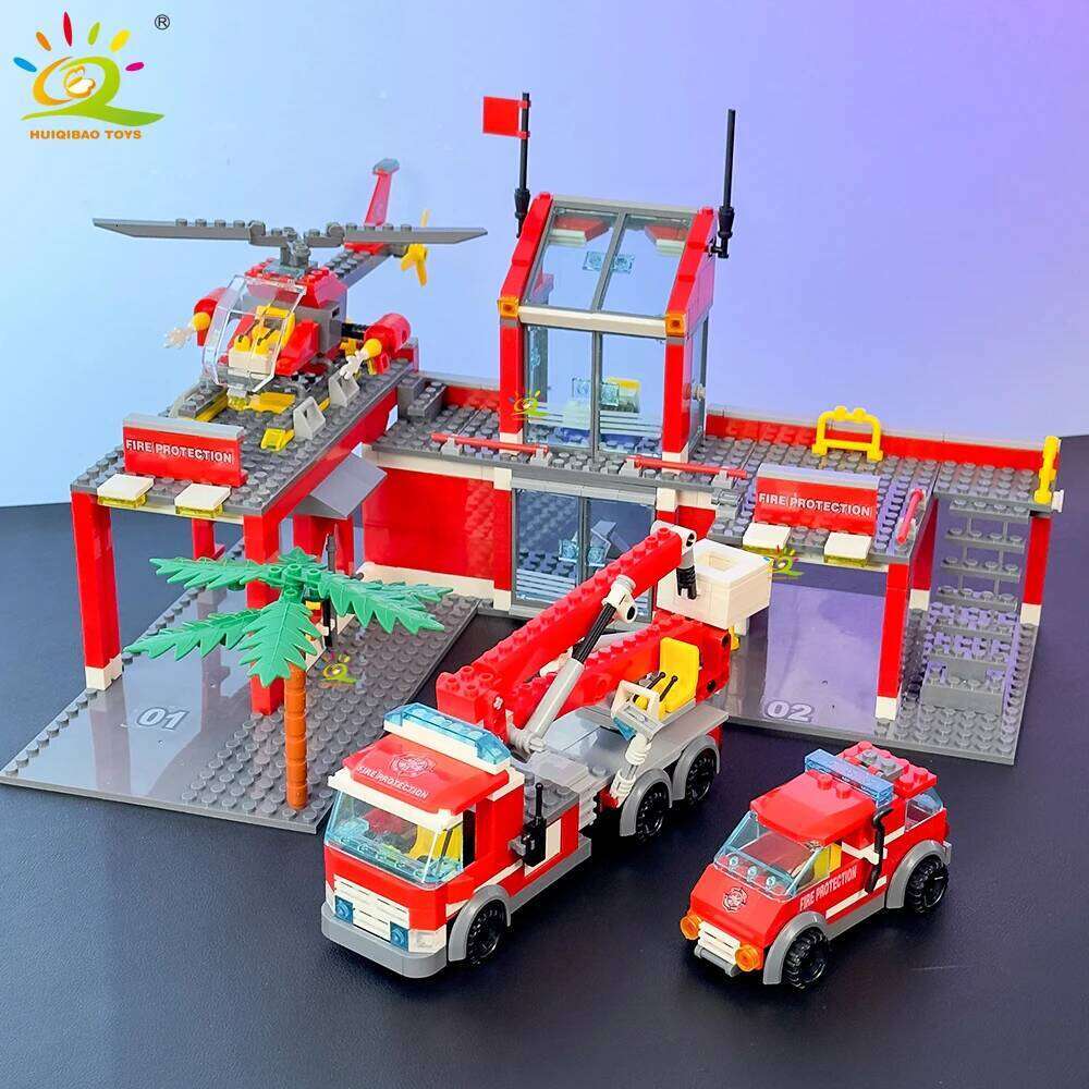 HUIQIBAO 756pcs Station with Helicopter Model Building Blocks Fire Truck Firefighter Bricks City DIY Toys For Children Gift Z260306