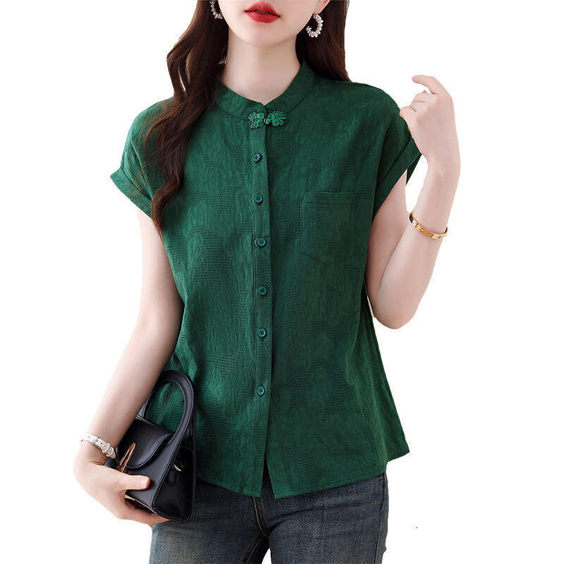 Women Solid Color Summer Chinese Style Retro Pure Cotton Short Sleeve Blouses Fashion Stand Collar Pocket Single-breasted Shirts New Chinese Style top