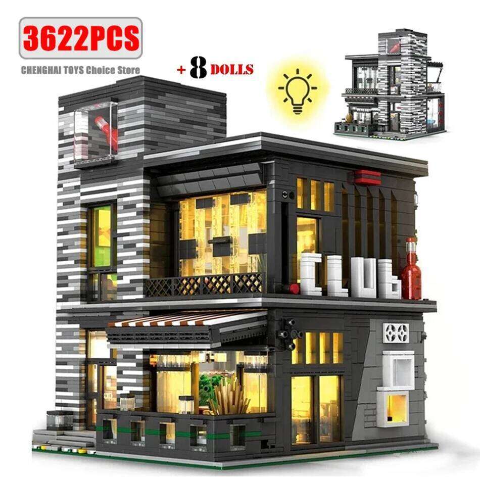 3622Pcs Modern Panoramic Club Bar Lighting Street View Blocks Model MOC Assembly Building Set Toys for Boys Adults Gift Z260306