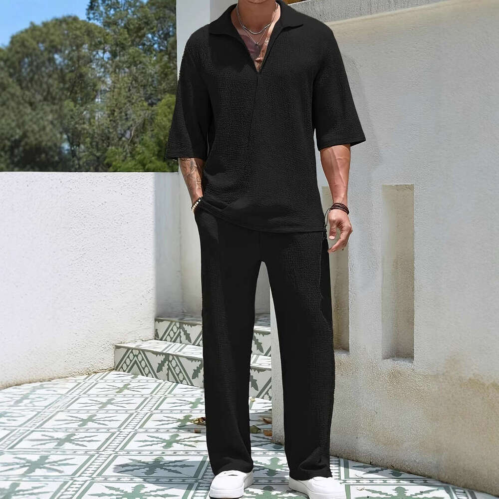 2026 European and American Spring New Cross-Border Commuting Men's Casual Shirt Solid Color Short Sleeve Long Pants Two-Piece Set