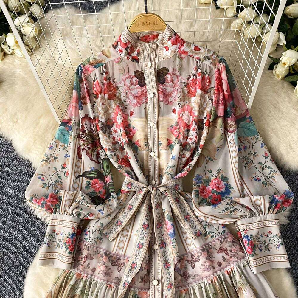 Summer Autumn Floral Print Maxi Dress Shirt Women Long Sleeve Single Breasted A Line Palace Design Loose Printing Party Vestidos Mdng260306