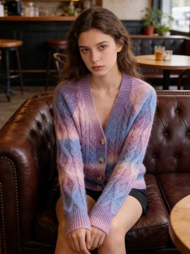 SLTNX Tie-dyed V-neck Short Cardigan in Autumn and Winter Women Long-sleeved Gradient Sweater Coat Korean Fashion Button Sweater M260306