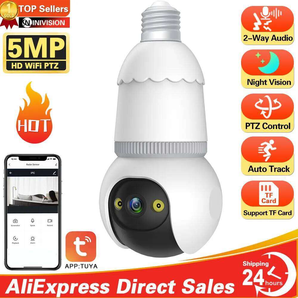 Tuya Smart Life 5MP E27 Bulb WiFi Floodlight Auto Tracking Two Way Audio Color Night Vision Outdoor Security Camera 26W0306