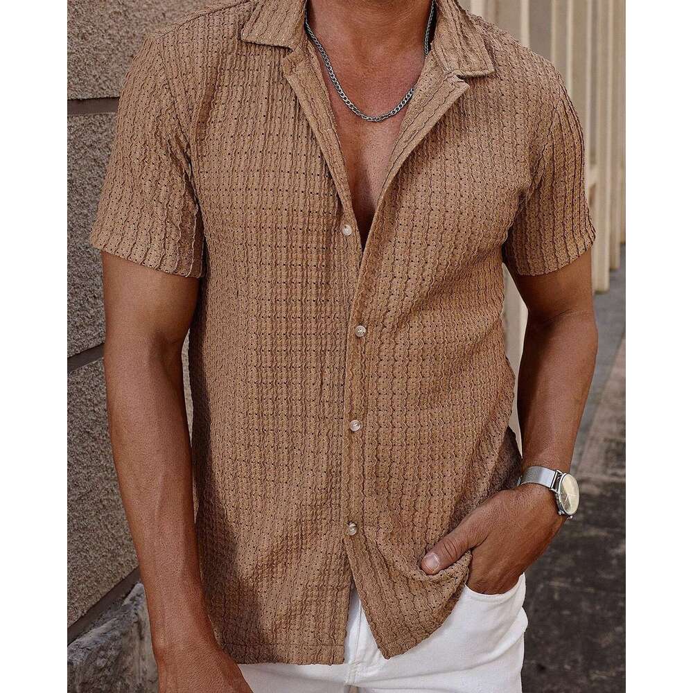Cross-border temu shein Amazon cross-border foreign trade men's casual striped shirt with turn-down collar and short sleeves