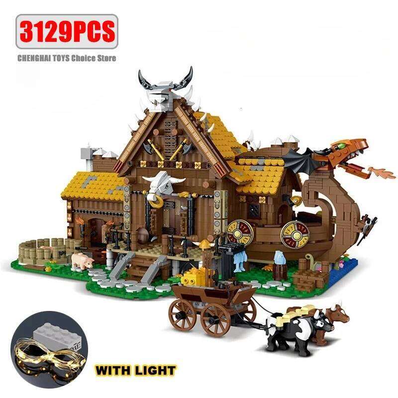 3129PCS The Vikings House Bricks Sets With Light Assembly Building Blocks Model Creative Street View Educational Toys Gifts Z260306
